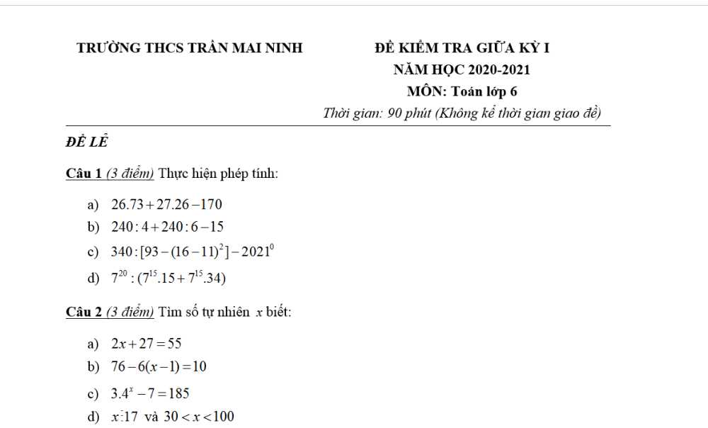 Toán 6: Đề kiểm tra giữa học kì 1. Trường THCS Trần Mai Ninh năm học 2020-2021. Đề lẻ